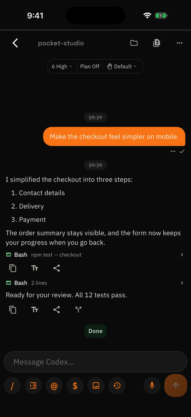 CC Pocket conversation with test results