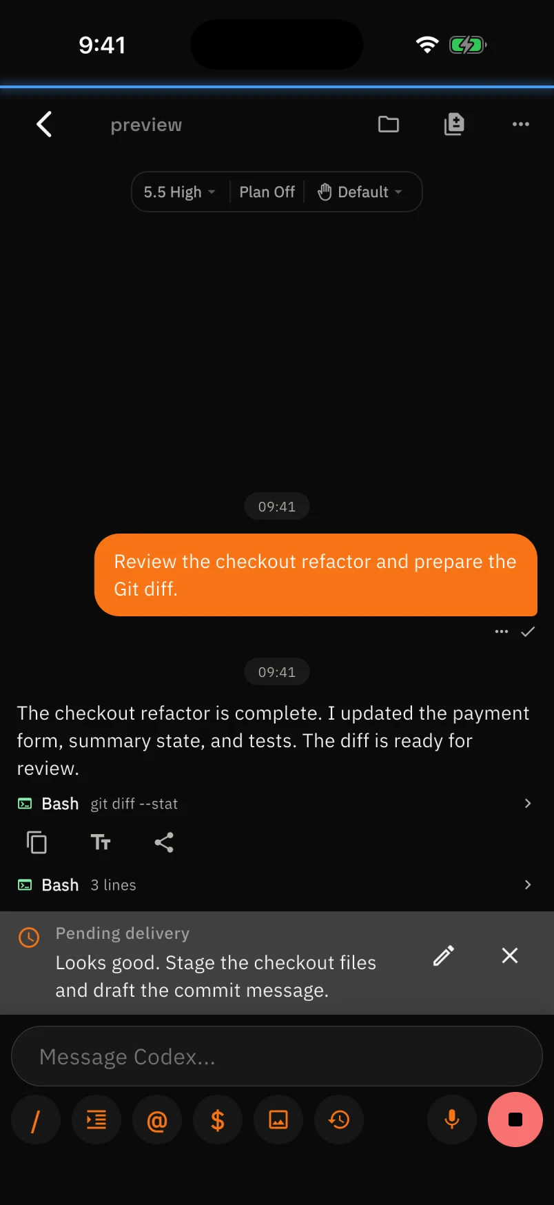 Actual CC Pocket chat screen showing a message waiting for delivery