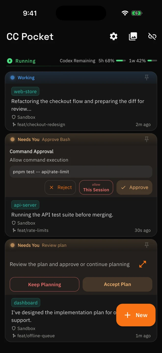 CC Pocket session list with inline approvals
