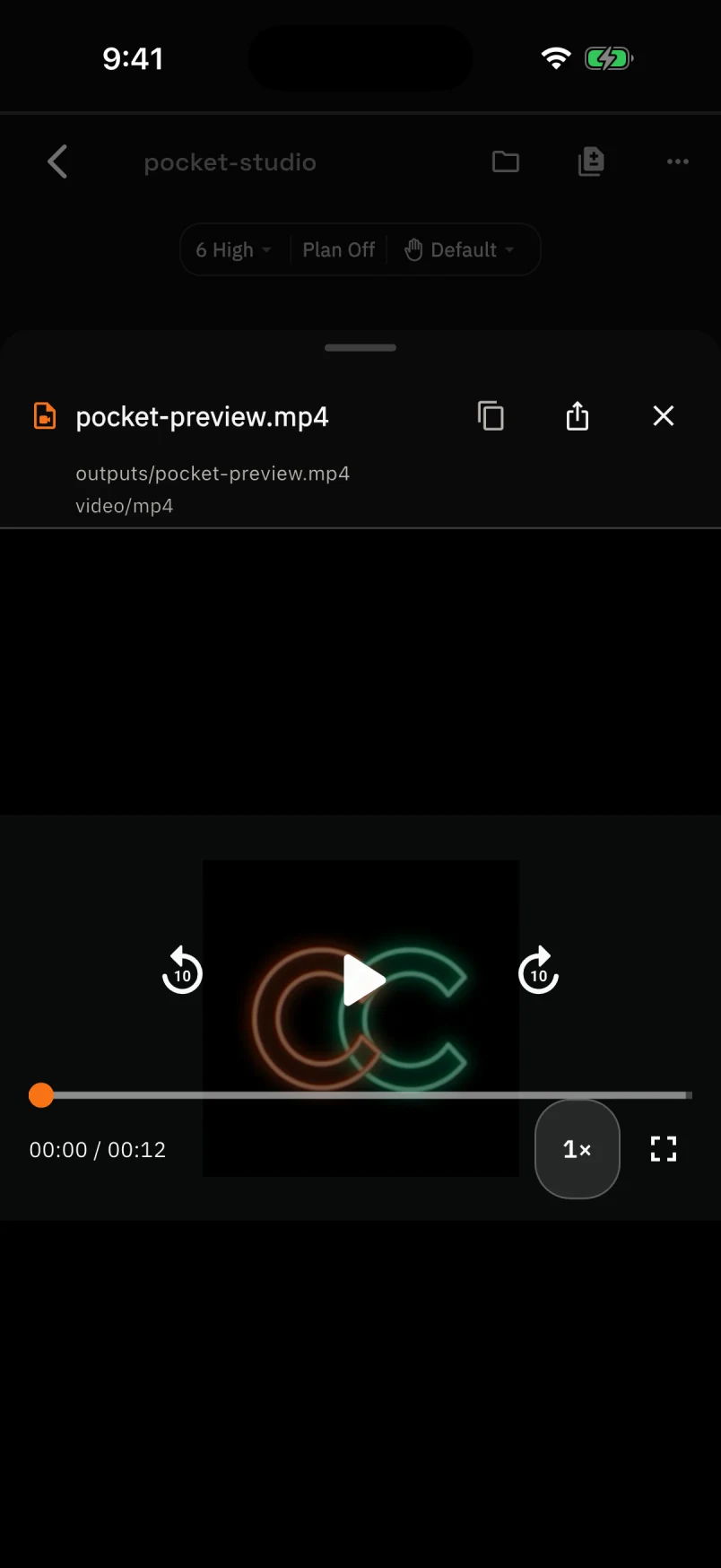 CC Pocket video preview with seek, playback speed, and full-screen controls