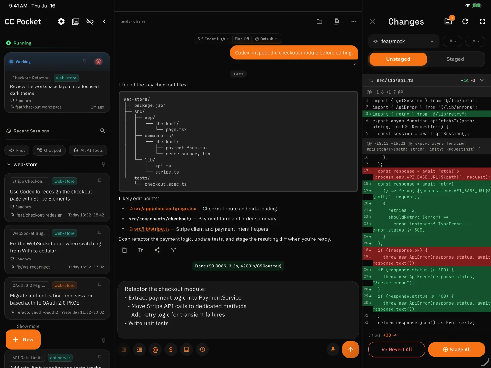 CC Pocket on iPad in dark mode, with sessions, chat, and Git changes side by side